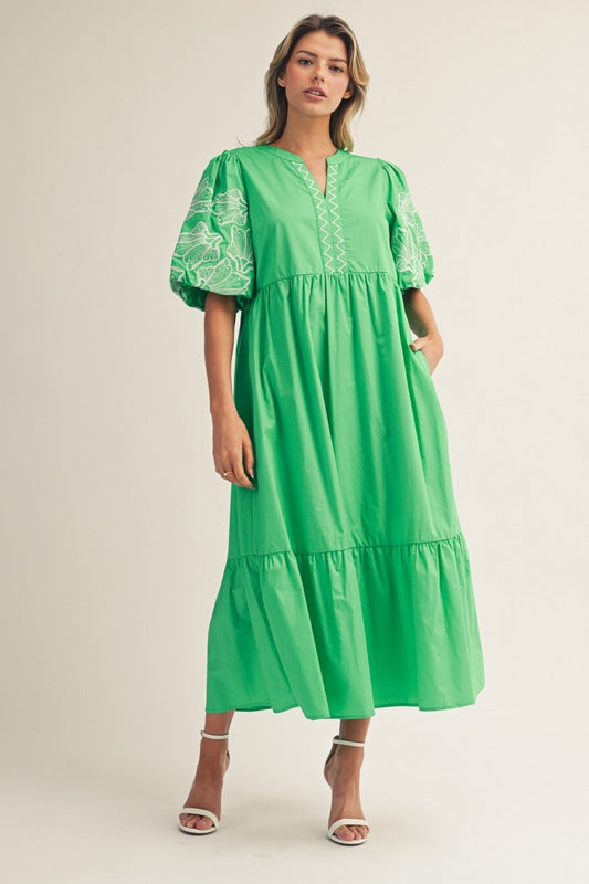 Puff Sleeves Embroidered Midi Dress