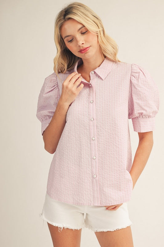 Pearl Rhinestone Button Detail Stripe Top