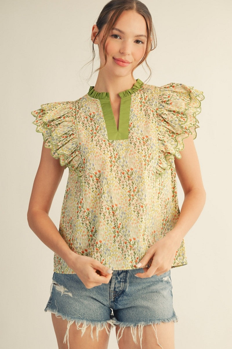 Layered Ruffle Sleeves Floral Top
