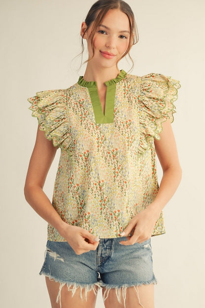 Layered Ruffle Sleeves Floral Top