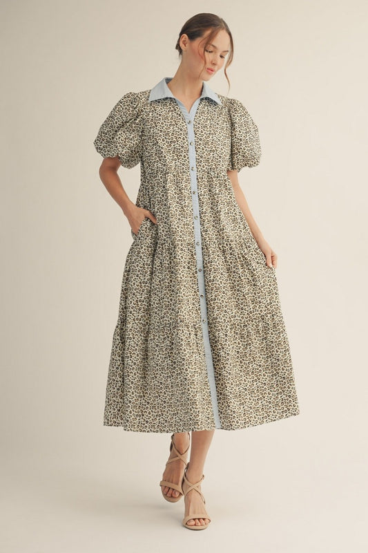 Button Down Tiered Leopard Midi Dress
