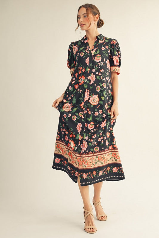 Button Down Floral Midi Dress