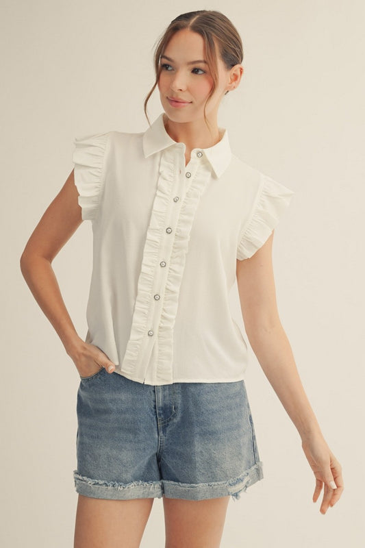 Ruffle Detail Button Down Crinkled Solid Top