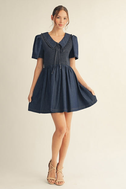 Ruffled Peter Pan Collared Denim Skater Dress