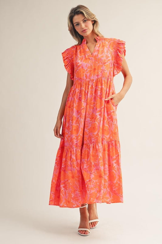 Ruffle Sleeves Tropical Floral Midi Dress