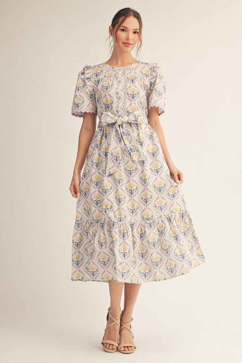 Ruffled Shoulder Floral Midi Dress