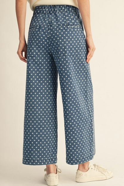 Drawstring Waist Wide Leg Polka Dot Pants