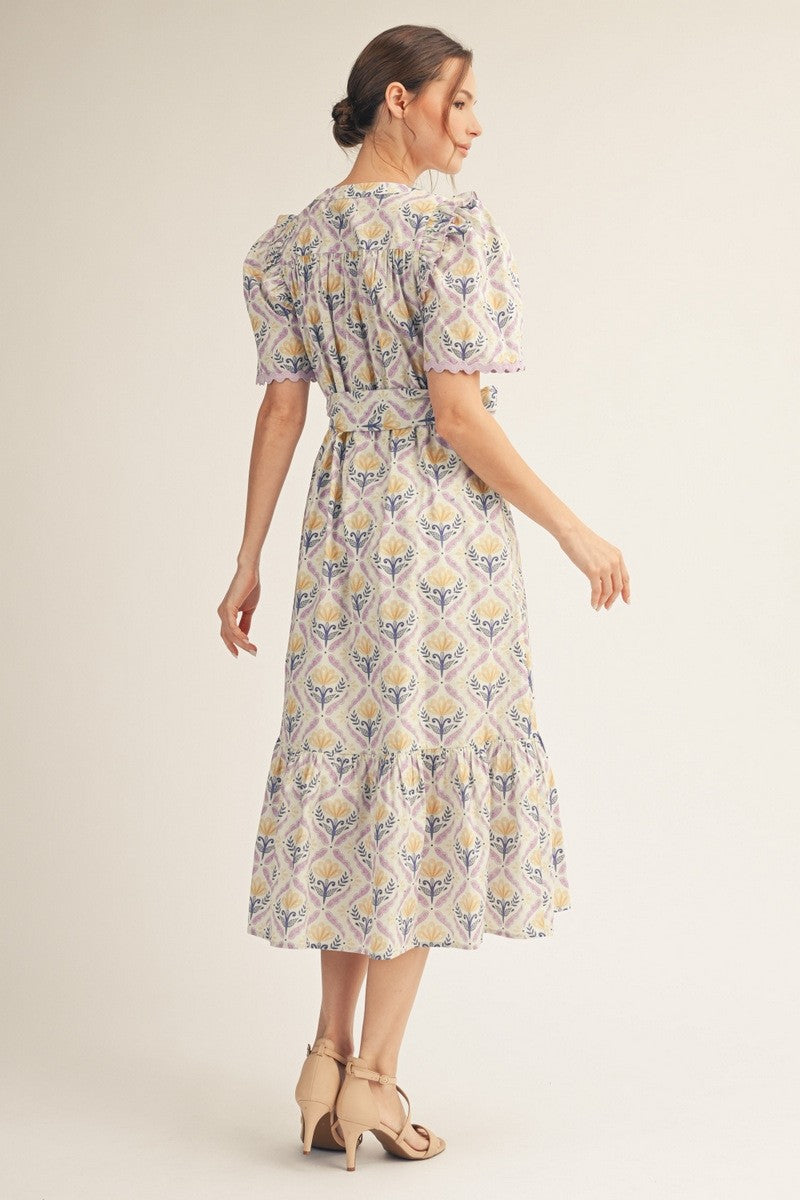 Ruffled Shoulder Floral Midi Dress