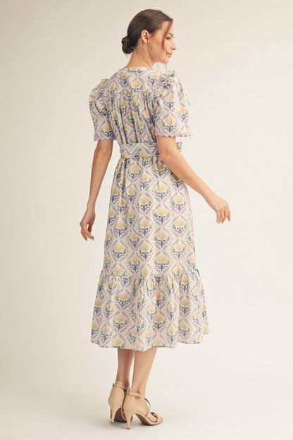 Ruffled Shoulder Floral Midi Dress