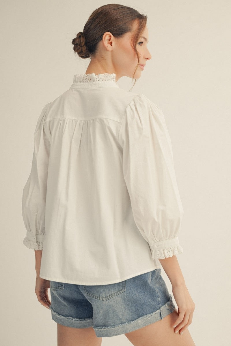 Eyelet Contrast Accent Button Up Solid Top