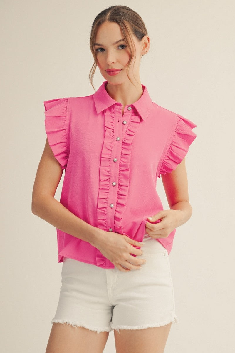 Ruffle Detail Button Down Crinkled Solid Top