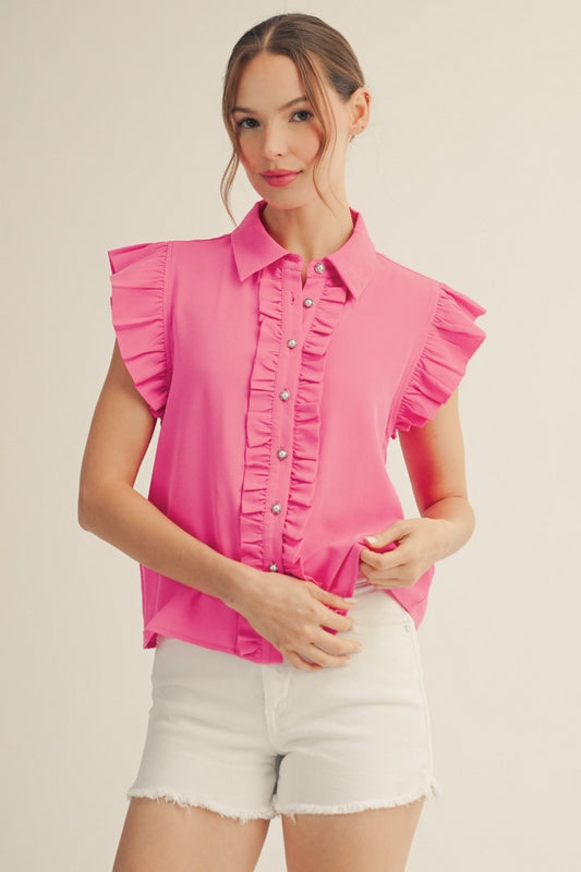Ruffle Detail Button Down Crinkled Solid Top