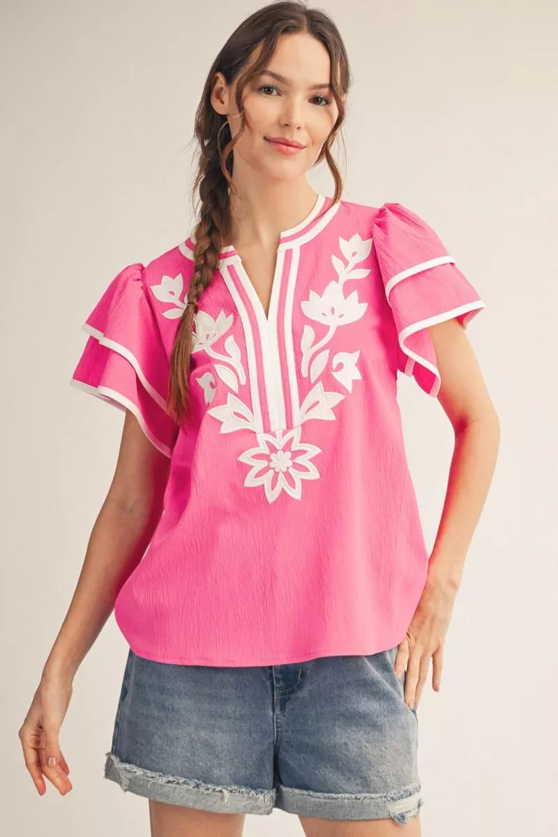 Flutter Sleeves Floral Applique Top