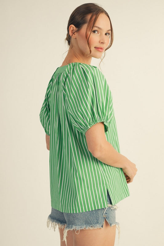 Shoulder Pintuck Detail Stripe Peasant Top