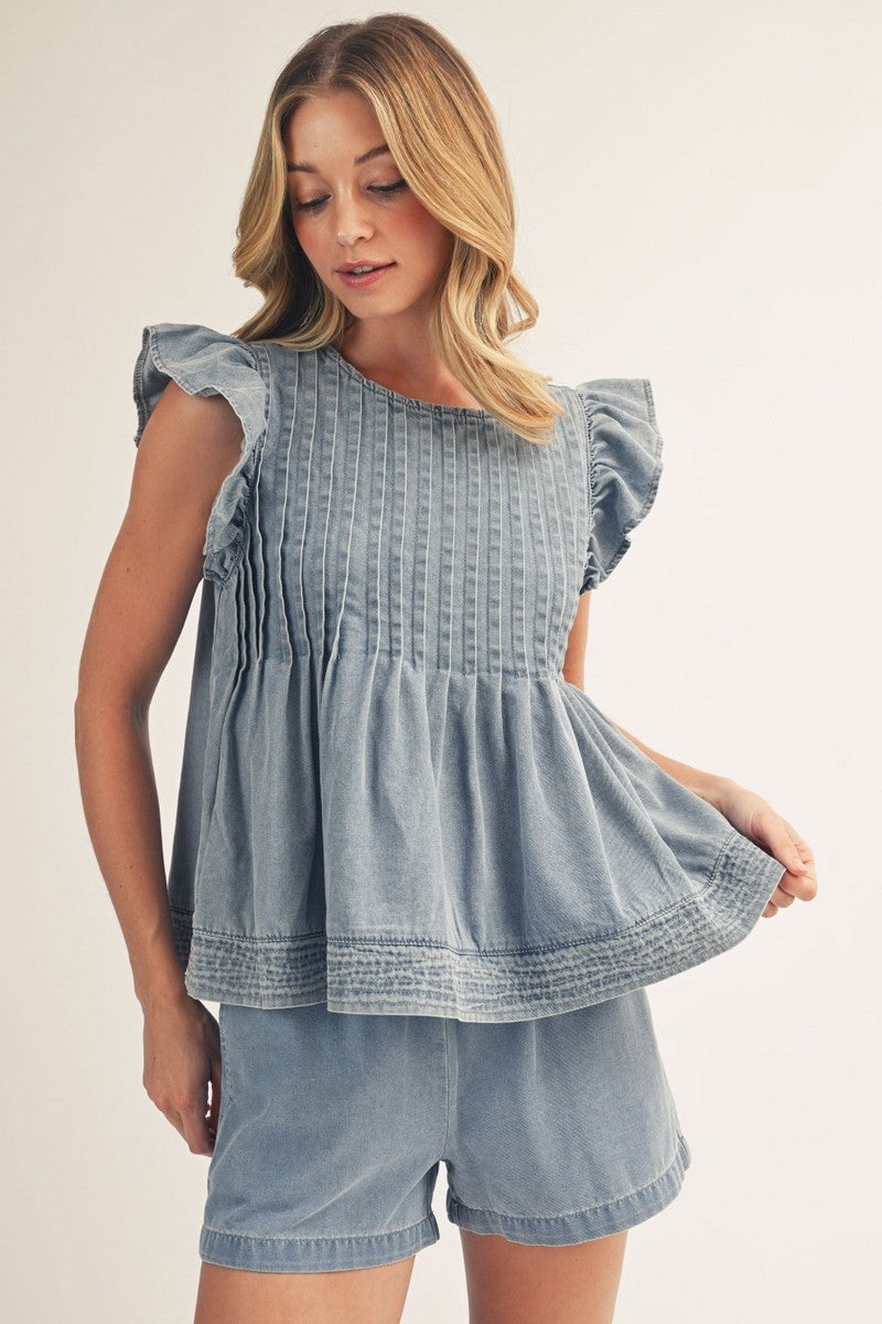 Front Pleat Detail Lovely Washed Denim Top