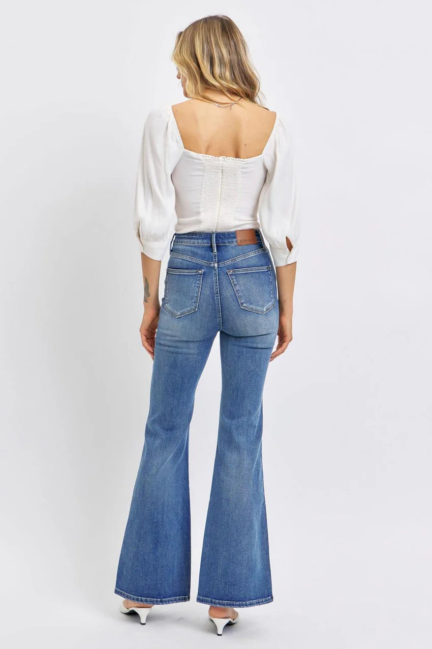 High Waist Tummy Control Contrast Wash Flare Jeans