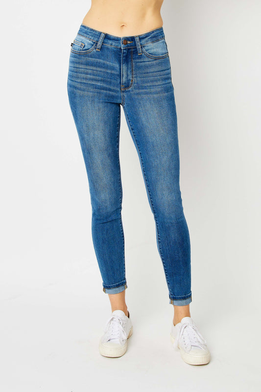 High Waist Cuffed Hem Skinny Fit Jeans