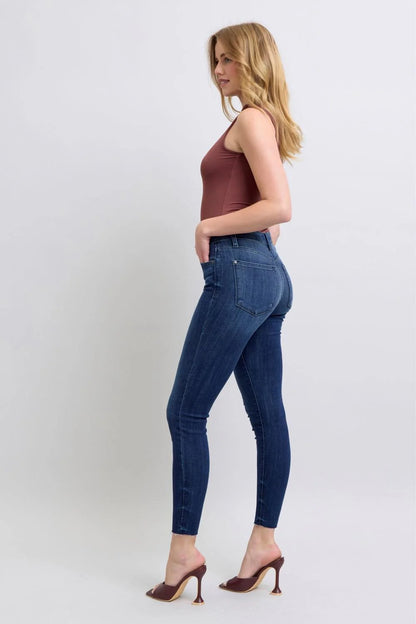 Mid Rise Raw Hem Skinny Denim Jeans