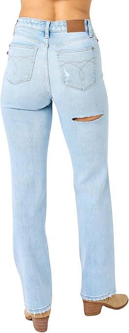 High Waist Destroy & Back Ripped 90s Straight Leg Jeans