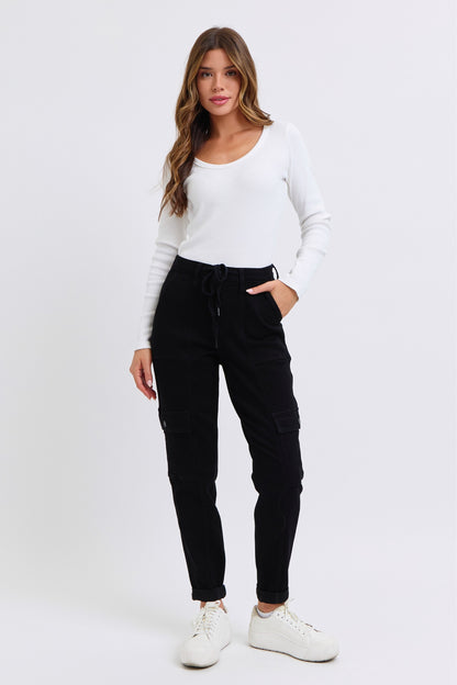 High Waist Jet Black Double Roll Cuff Jogger Pants