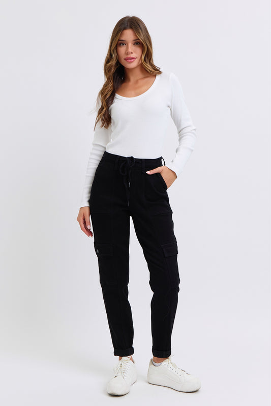 High Waist Jet Black Double Roll Cuff Jogger Pants