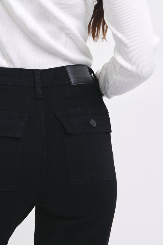 High Waist Jet Black Double Roll Cuff Jogger Pants