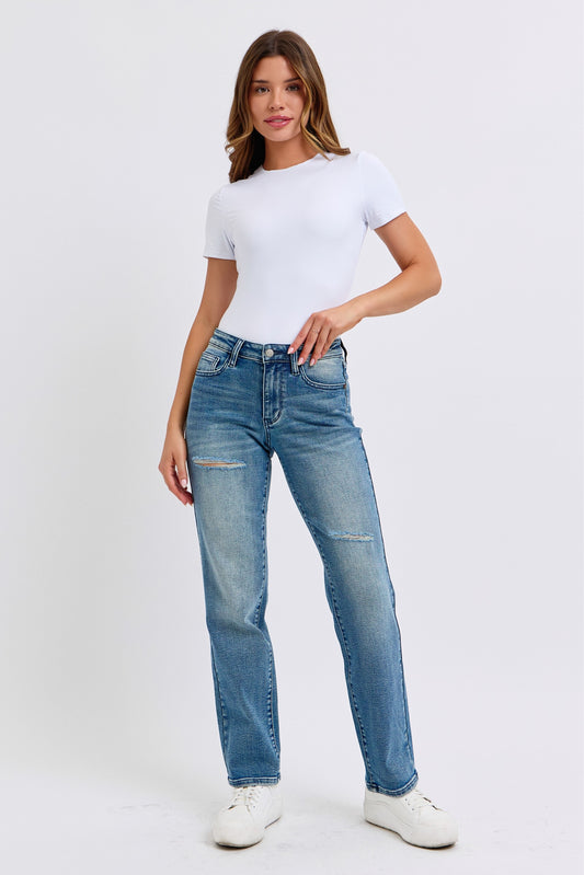 Midrise Contrast Wash Destroy Dad Jeans