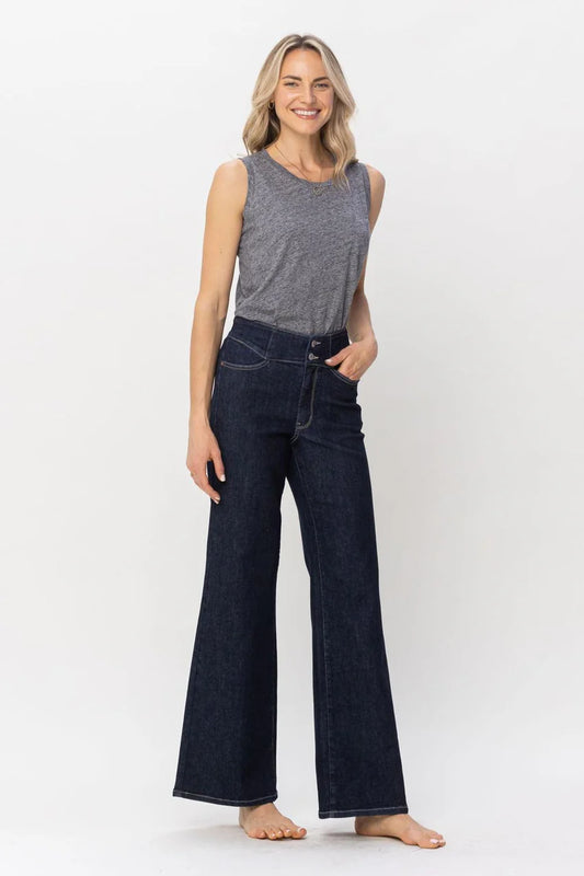 High Waist Rinse Wash Geometric Waistband and Pocket Embroidered Wide Leg Jeans