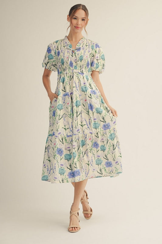 Smocked Upper Body Tiered Floral Midi Dress