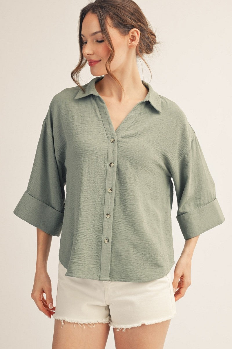 Pleat Back Detail Button Down Crinkle Top