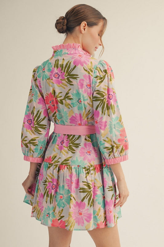 Waist Tie Floral Tiered Dress