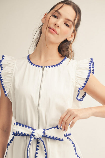 Embroidery Scallop Accent Zip Up Romper