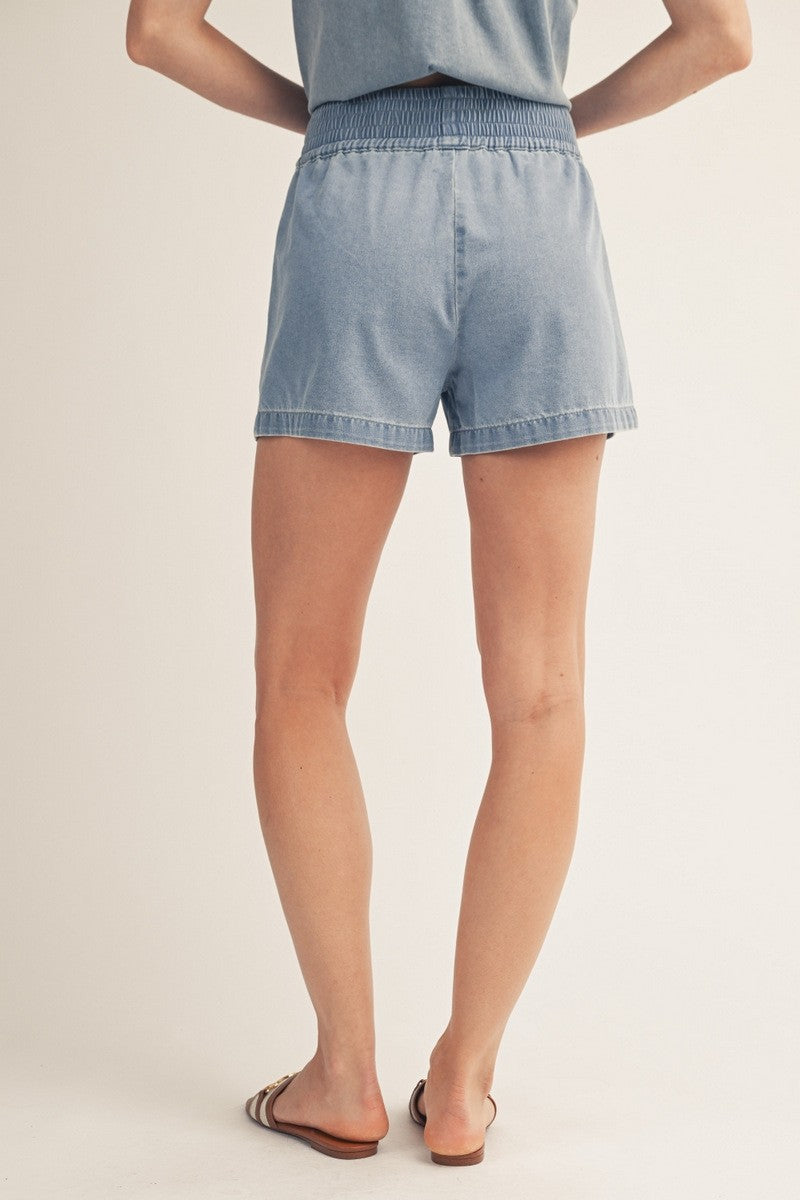 Elastic Waist Washed Denim Shorts