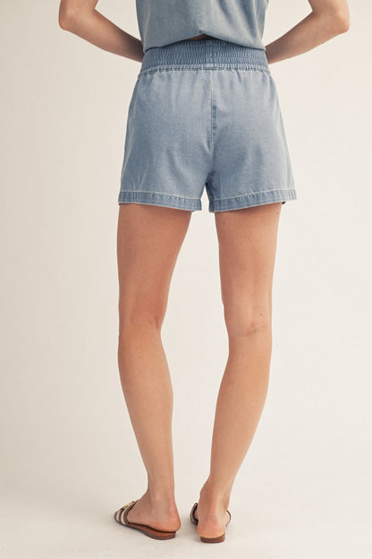 Elastic Waist Washed Denim Shorts