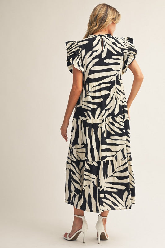Tropical Palm Print Tiered Midi Dress