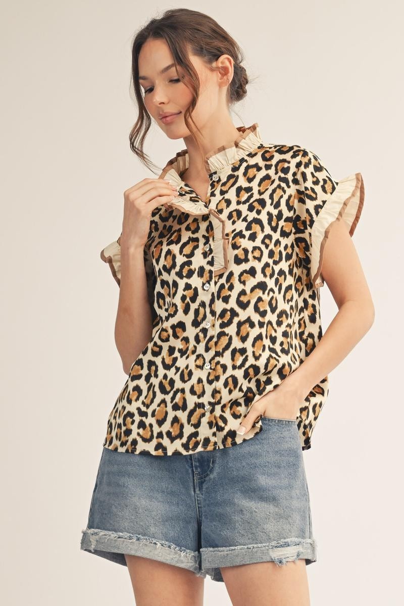 Ruffle Detail Leopard Satin Top