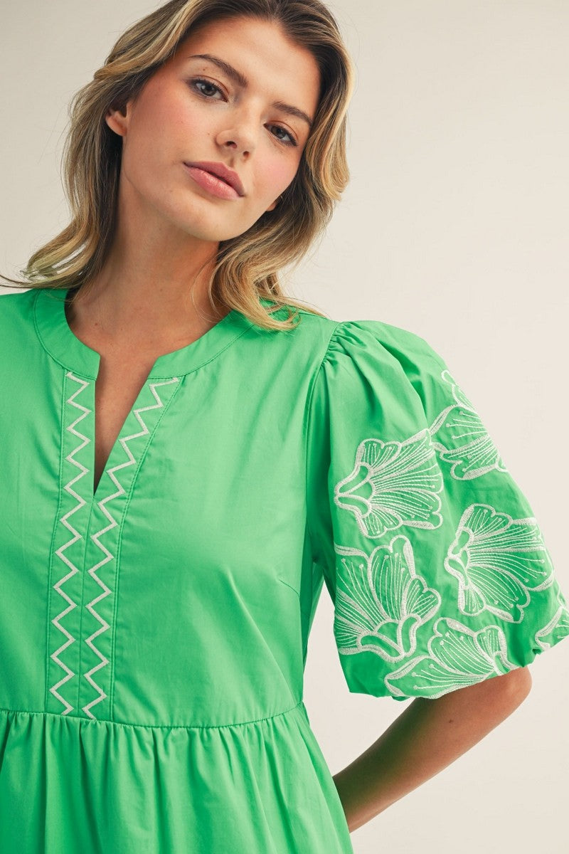Puff Sleeves Embroidered Midi Dress