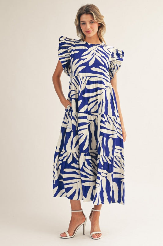 Tropical Palm Print Tiered Midi Dress