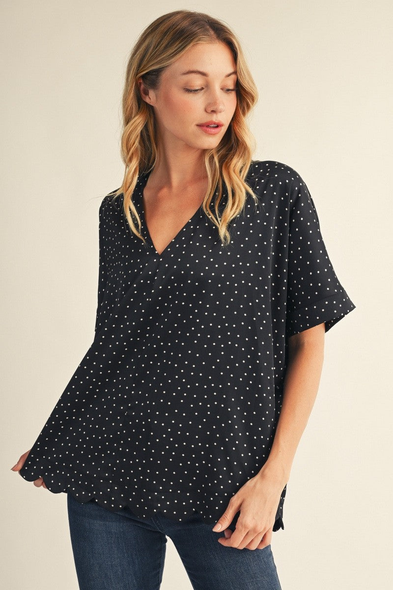 Scallop Hem Detail Tiny Polka Dot Top