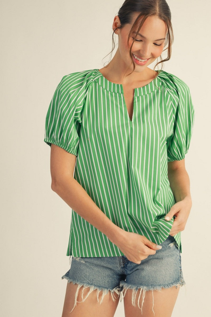 Shoulder Pintuck Detail Stripe Peasant Top