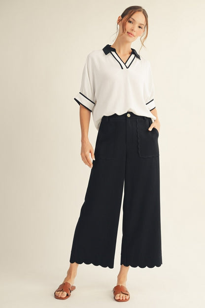 Scallop Edge Detail Wide Leg Pants
