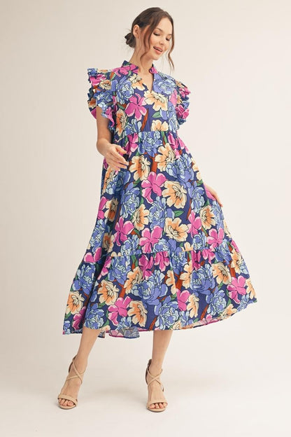 Ruffle Sleeve Floral Midi Dress
