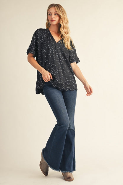 Scallop Hem Detail Tiny Polka Dot Top