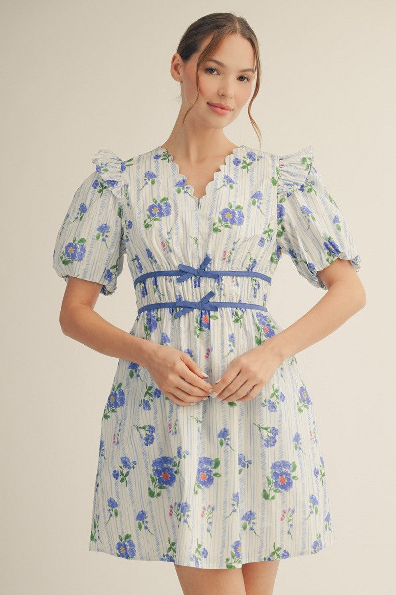 Tiny Bow Waistline Accent Lovely Floral Dress