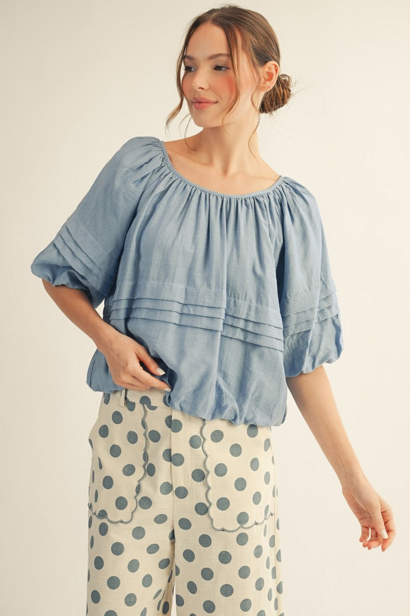 Pleat Detail Wide Neck Solid Top