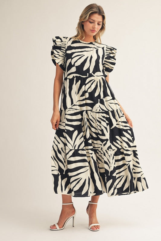 Tropical Palm Print Tiered Midi Dress