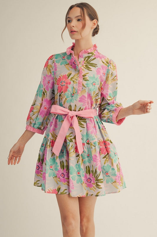 Waist Tie Floral Tiered Dress