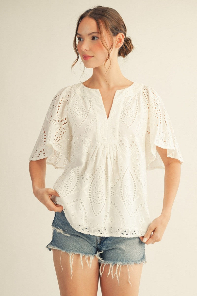 Flutter Sleeves Eyelet Lace Top