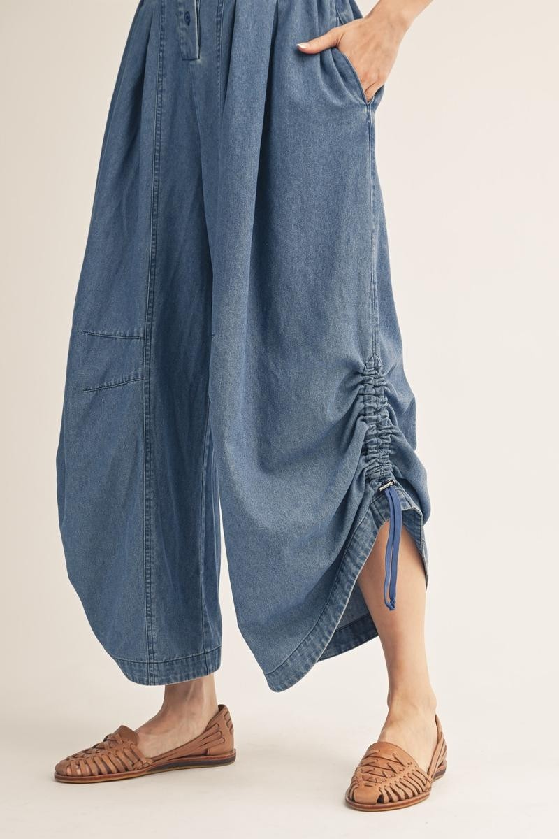 Side Drawstring Hem Detail Washed Denim Jumpsuit