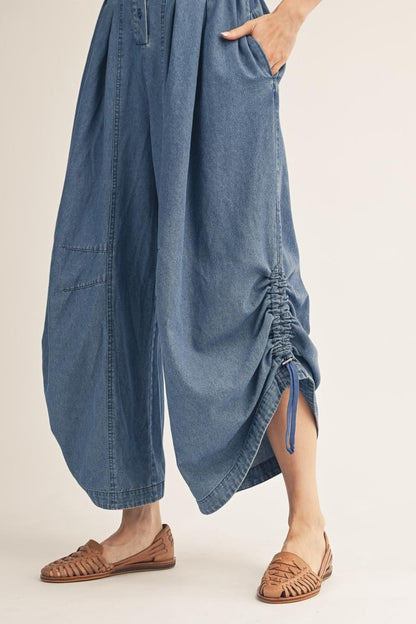 Side Drawstring Hem Detail Washed Denim Jumpsuit